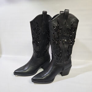 Wild Pair Lucah Black Sequin Cowboy Boot 6 Western Embroidered Sparkle Rodeo NIB